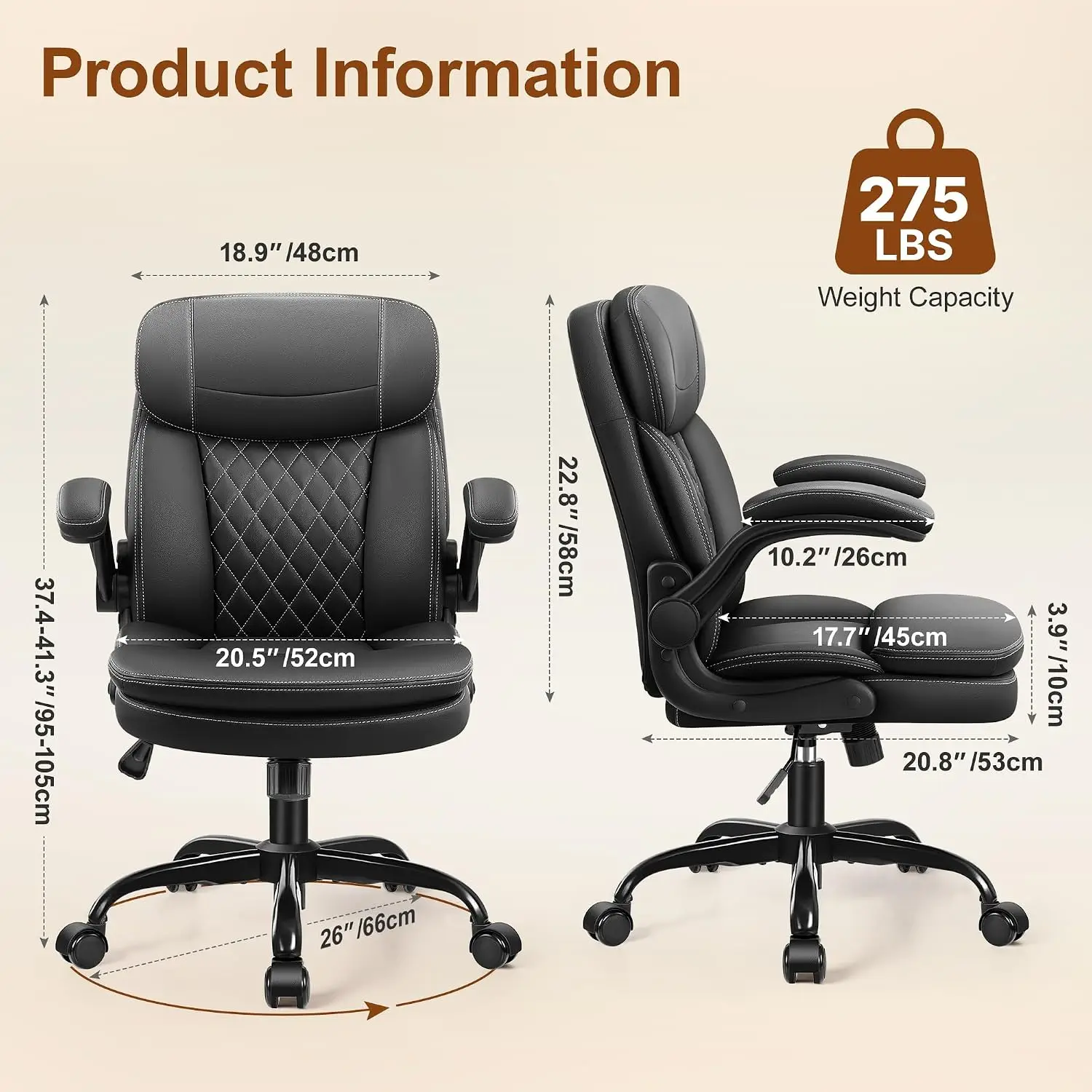 Leather Office Chair, Upgraded PU Computer Desk Chairs with Double-Layer Seat Cushion and Neckrest, 360°Swivel, Ergonomic