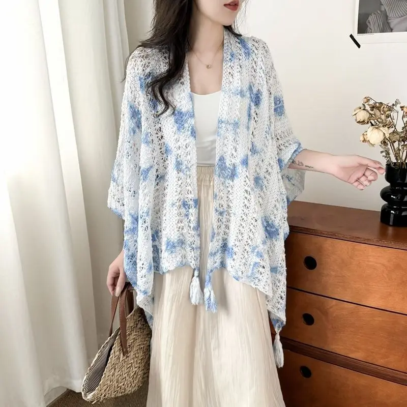 

Fashion V-Neck Tassel Hollow Out Tie Dye Shirts Female Clothing 2025 Summer New Loose Knitted All-match Tops Casual Blouses