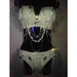 Sparkly Rhinestones Bikini Women Costume Silver Crystals Bra Shorts Nightclub DJ Singer Stage Wear Exhibition Models Show Outfit