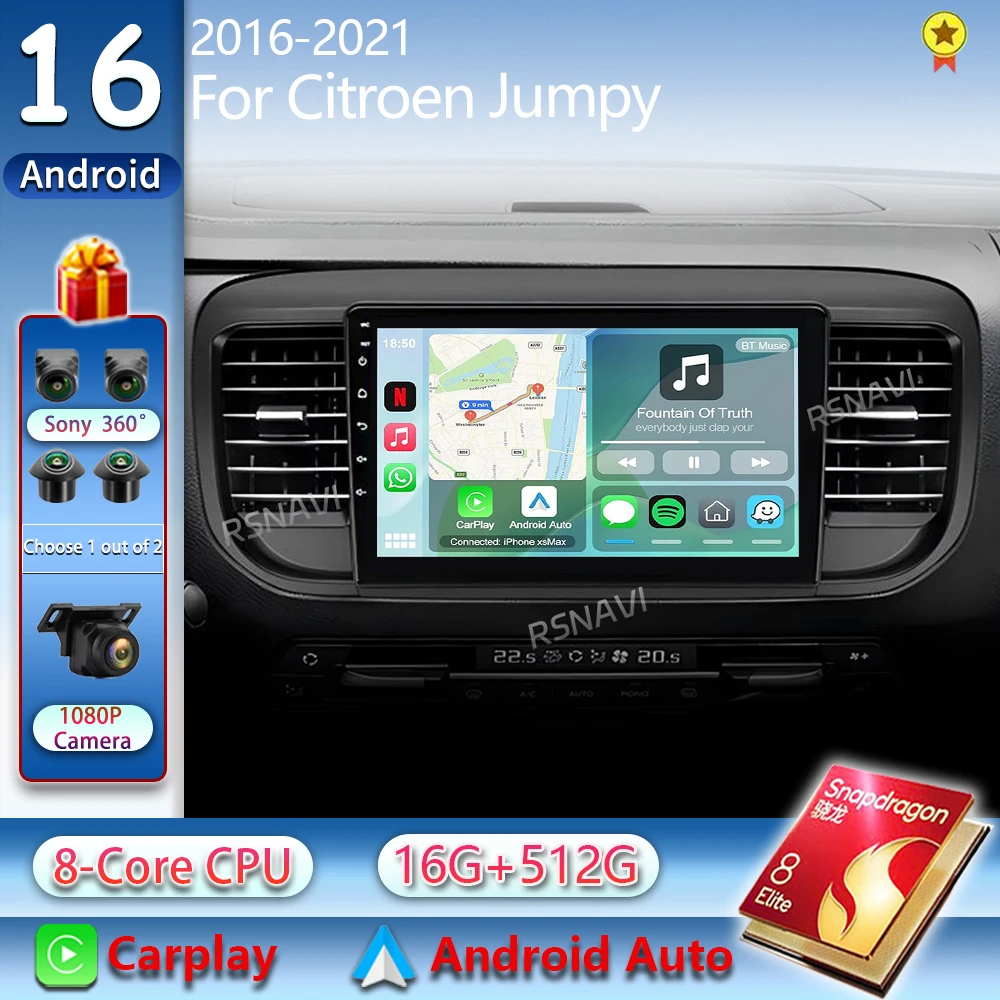Android 16 Carplay Auto Car Radio For Citroen Jumpy 2016-2021 Navigation GPS Multimedia Player Stereo wifi+4G BT video DVD