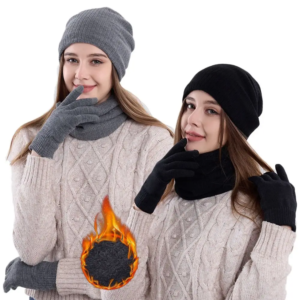 3Pcs/Set Winter Warm Knitted Hat Scarf Touchscreen Gloves Set Outdoor Riding Hat Beanies Neck Protection Scarf Cap
