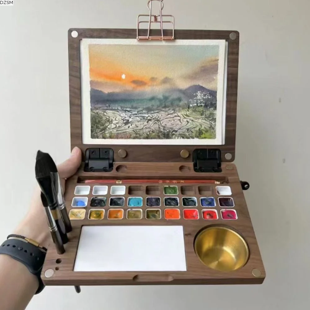 27 Grid Wooden Watercolor Box Empty Multifunctional Folding Watercolor Paint Palette DIY Art Creation with Cup/Clip