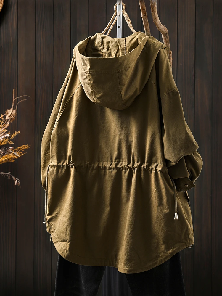 เสื้อโค้ทกันฝนลำลองสำหรับผู้หญิง รุ่นใหม่ล่าสุด ฤดูใบไม้ร่วง 2025 สไตล์วินเทจ สีพื้น กระเป๋าใหญ่ ทรงหลวม ผ้าฝ้าย รุ่น M1896