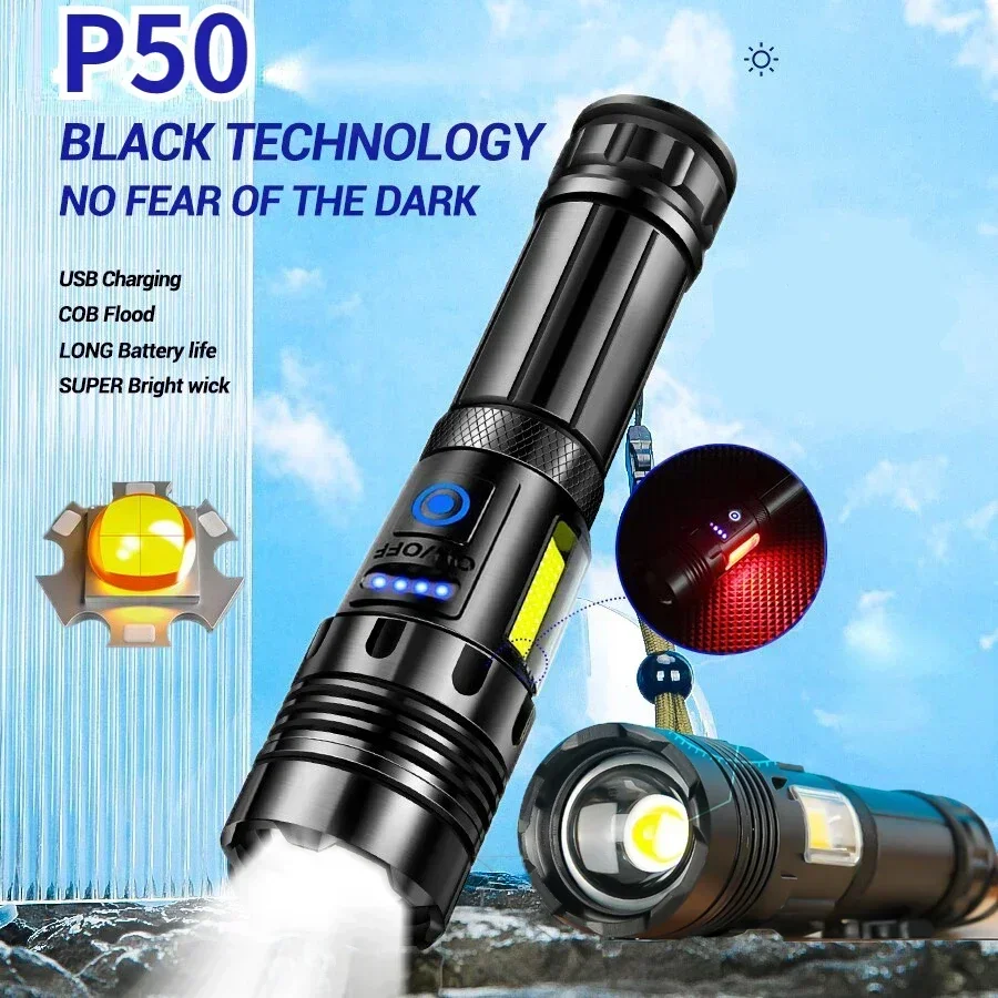 2000LM XHP50 Powerful Led Flashlight Power Bank Torch ABS Light USB Rechargeable Camping Tactical Flashlights with COB Lamp