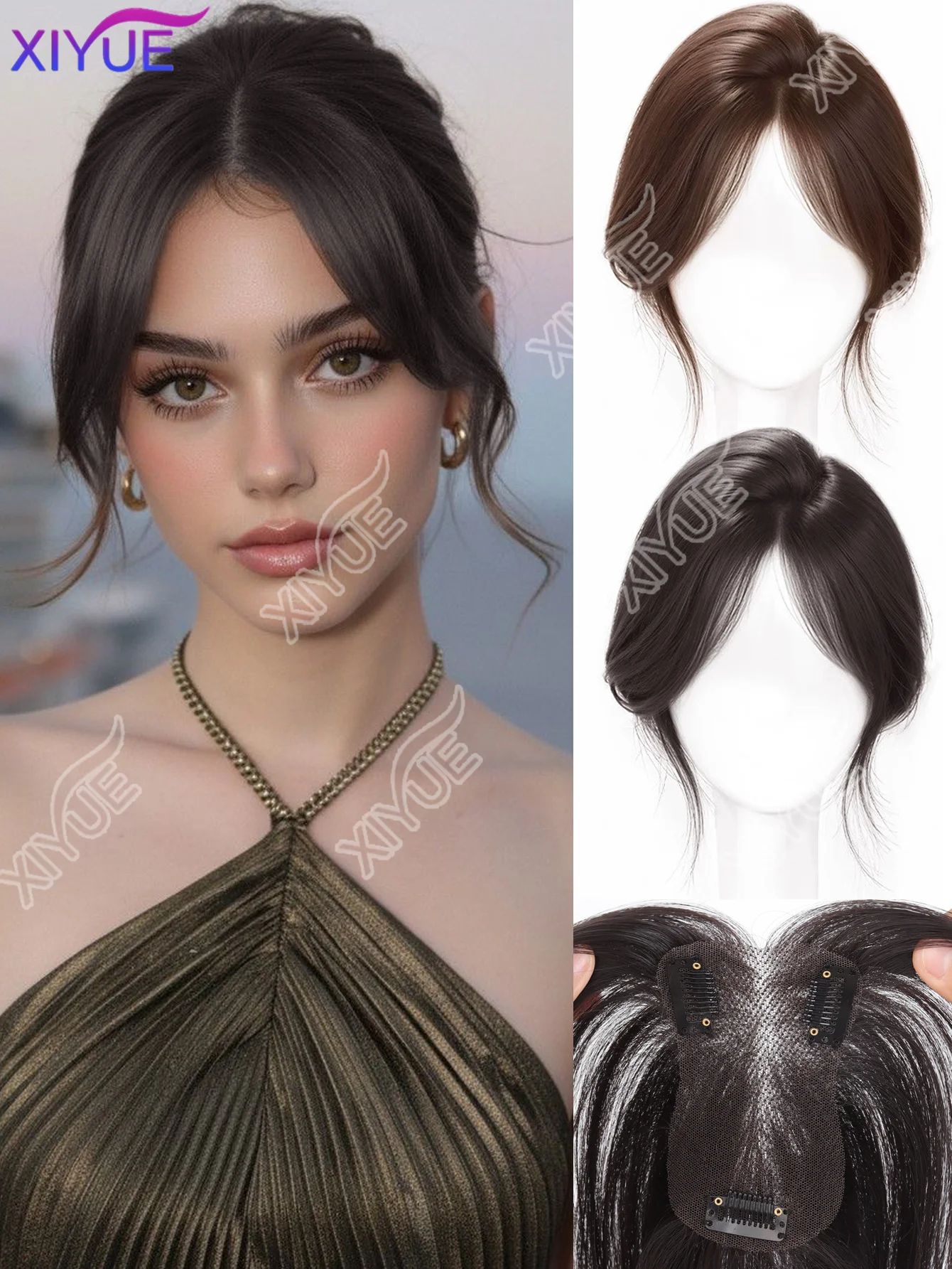 XIYUE Extensiones de Cabello Ultrafinas de Malla 8x12cm con Clip, Flequillo Postizo para Mujer, Cabello de Seda Proteica Voluminoso para Aumentar el Volumen