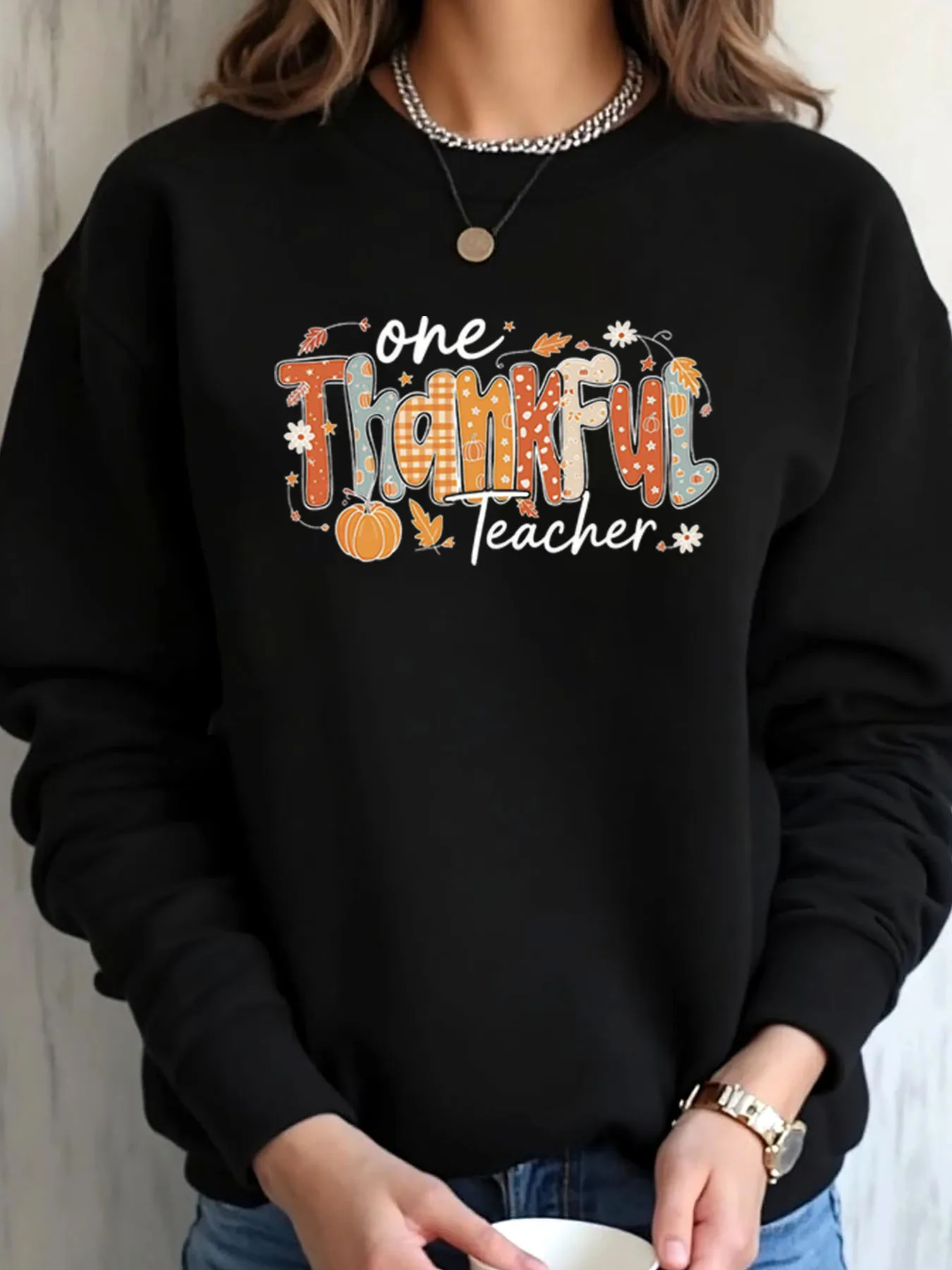 سويت شيرت نسائي مقاس كبير لعيد الشكر، ملابس غير رسمية مطبوعة بالزهور على شكل يقطين #1