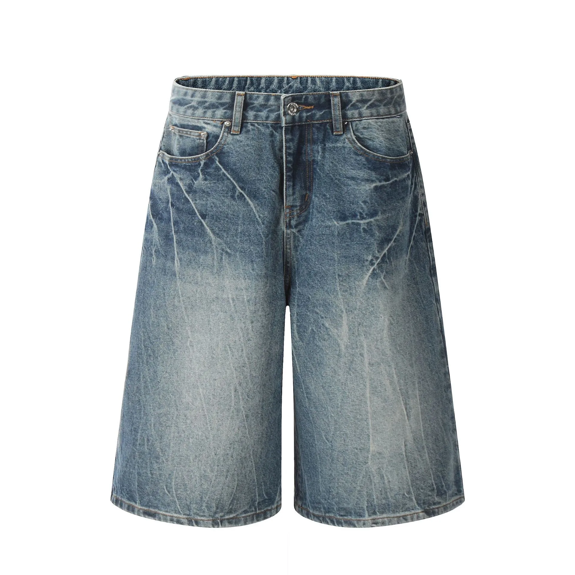 Summer Men's Clothing Baggy Pants High Street Vintage Washed Denim Five Inch Casual Shorts Cotton Mid Waist Y2K Streetwear