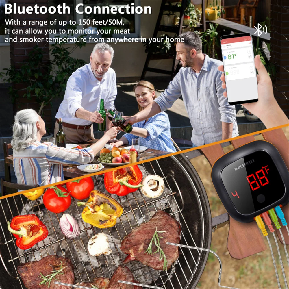 Imagem -03 - Inkbird-digital Bbq Cozinhar Forno Termômetro 50 Metros Alcance Bluetooth Ibt4xs 1000mah Li-bateria Temporizador Carne Sonda Colorida