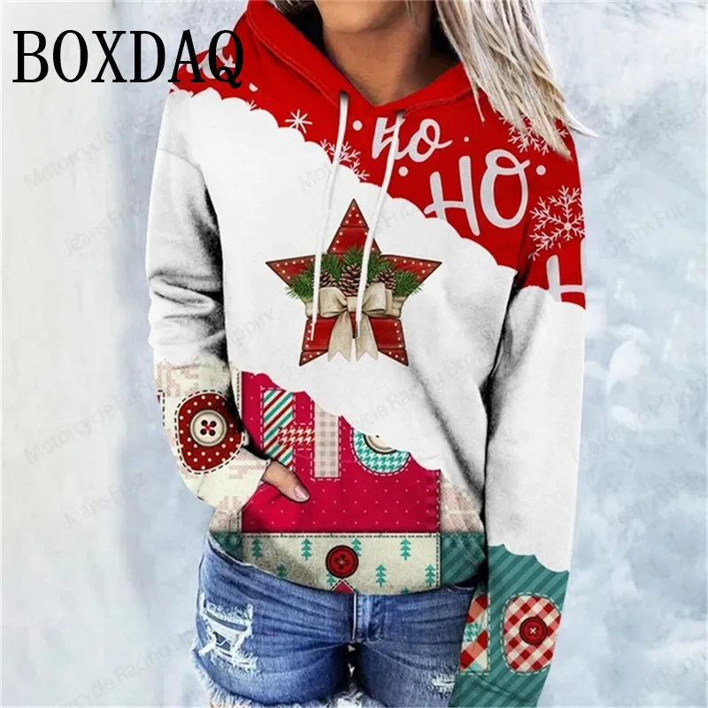 Sudaderas con capucha con estampado 3D de tema navideño para mujer, sudaderas holgadas con bolsillos informales a la moda con gato divertido de Navidad, Tops de manga larga 2024