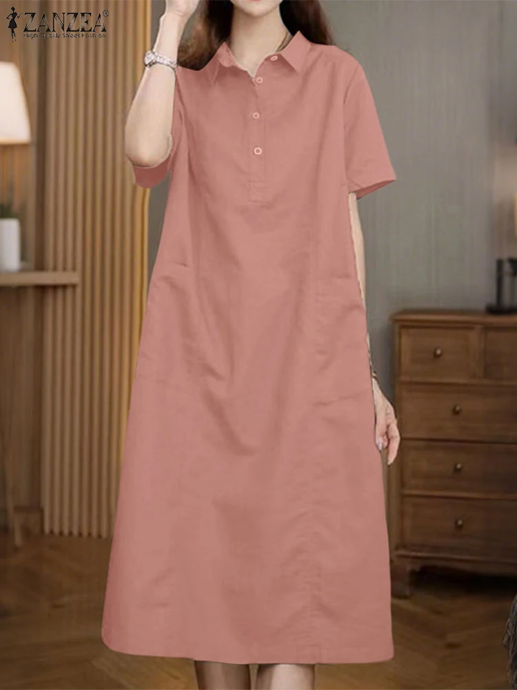 ZANZEA-vestido veraniego para mujer, camisas Vintage, vestido holgado de manga corta de Color sólido, Vestidos con bolsillos y cuello de solapa para verano 2025