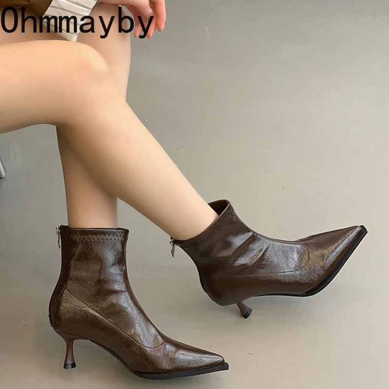 2025 Spring Autumn Women Modern Ankle Boots Fashion Pointed Toe Short Booties Ladies Sexy High Heel Shoes