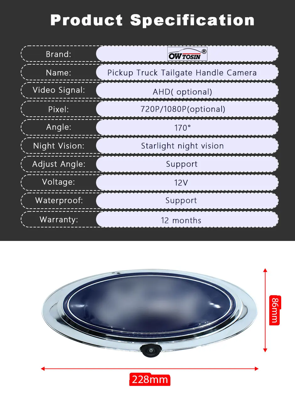 

Для Ford Ranger T6 T7 T8 XLT Edge F-150 F-250 F-350 Автомобильная камера заднего вида 1920*1080P AHD 170 ° Автомобильная камера с ручкой пикапа