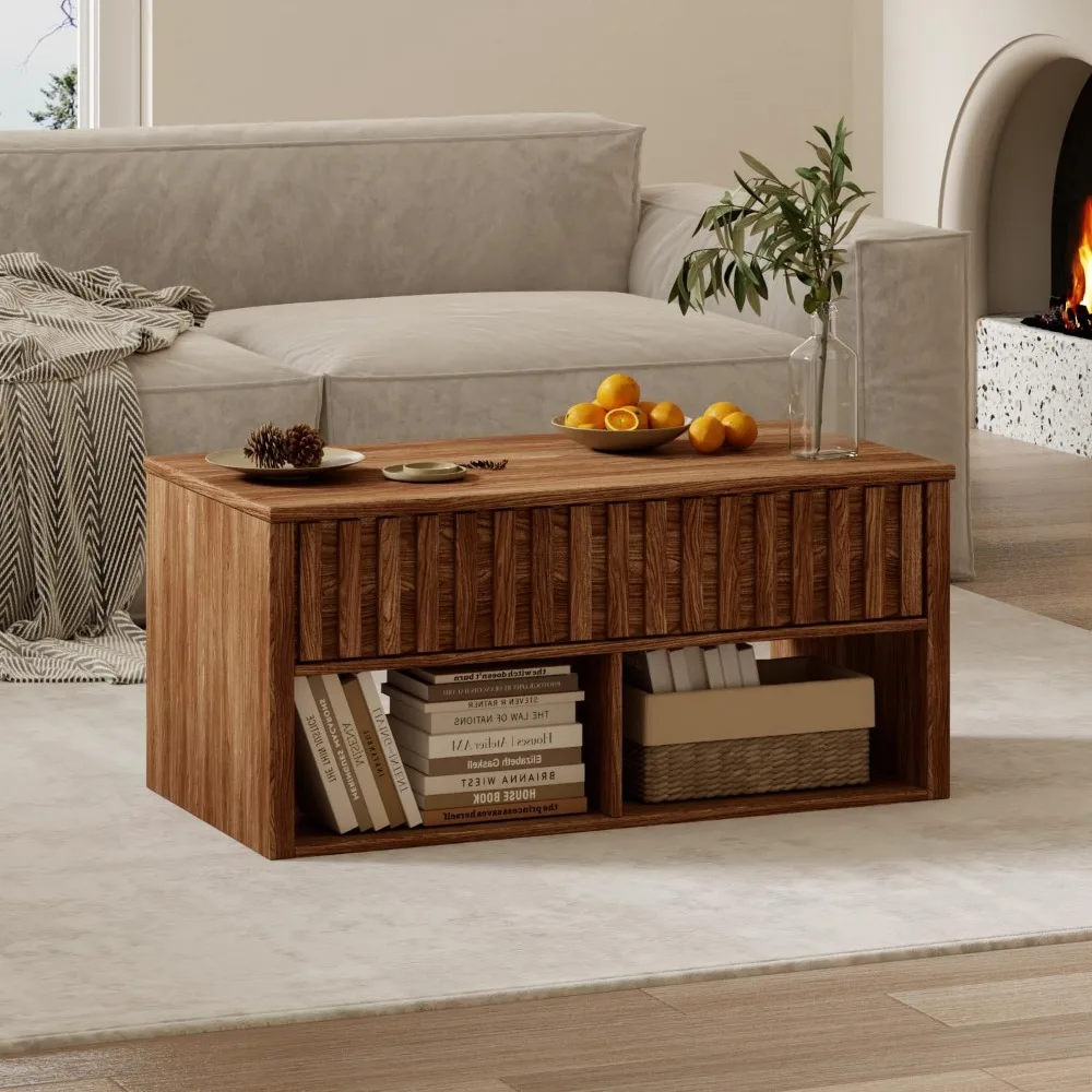 طاولة قهوة مع مساحة تخزين، طاولة قهوة مخددة لغرفة المعيشة، مساحة صغيرة للمنزل والمكتب، طاولة طعام خشبية، 39.5 بوصة،
