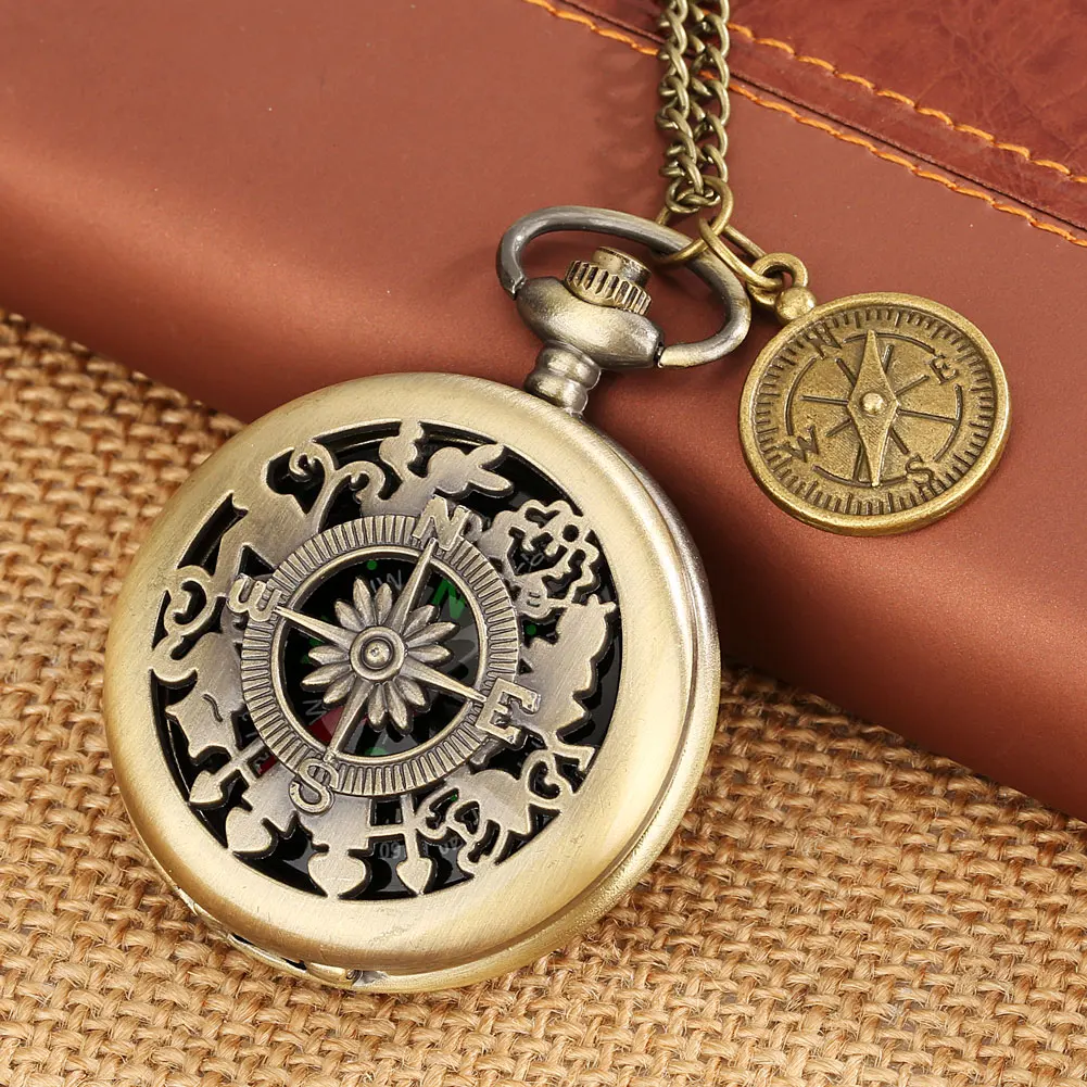 

2023 Hot Selling Souvenir Bronze Vintage Men's Quartz Pocket Watch Compass Slim Chain Tag Fashionable Wall Clock Precious Gifts