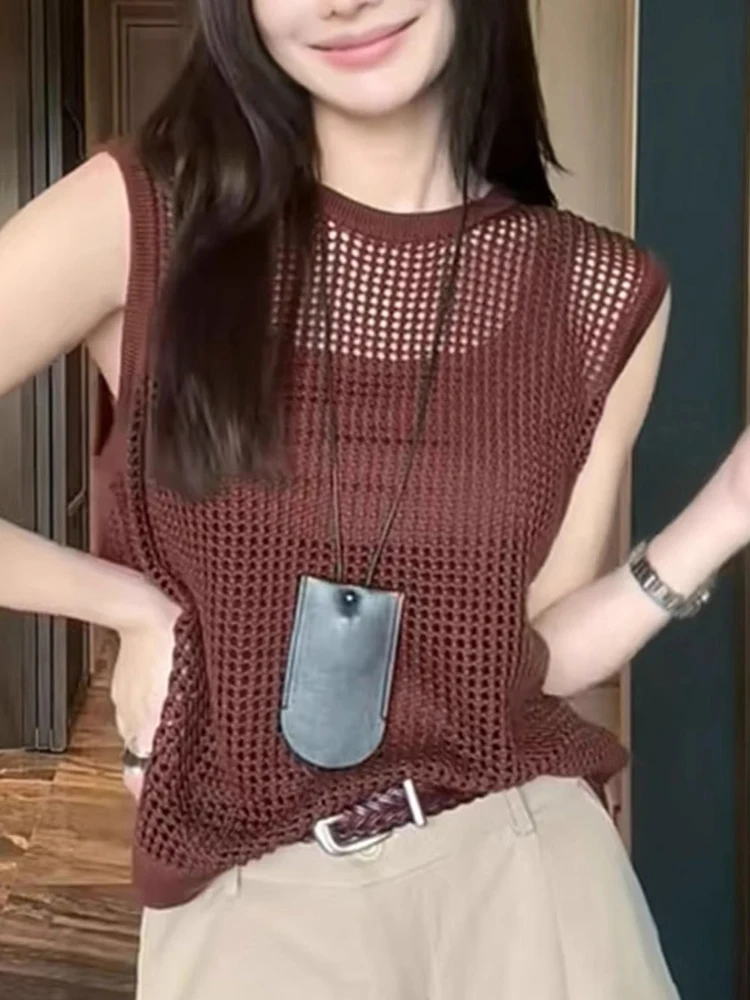 

Summer Lightweight Cool Knitted Vest Hollow out Design Casual Sle Faion Sensation Me Cover up Silk Top for Women