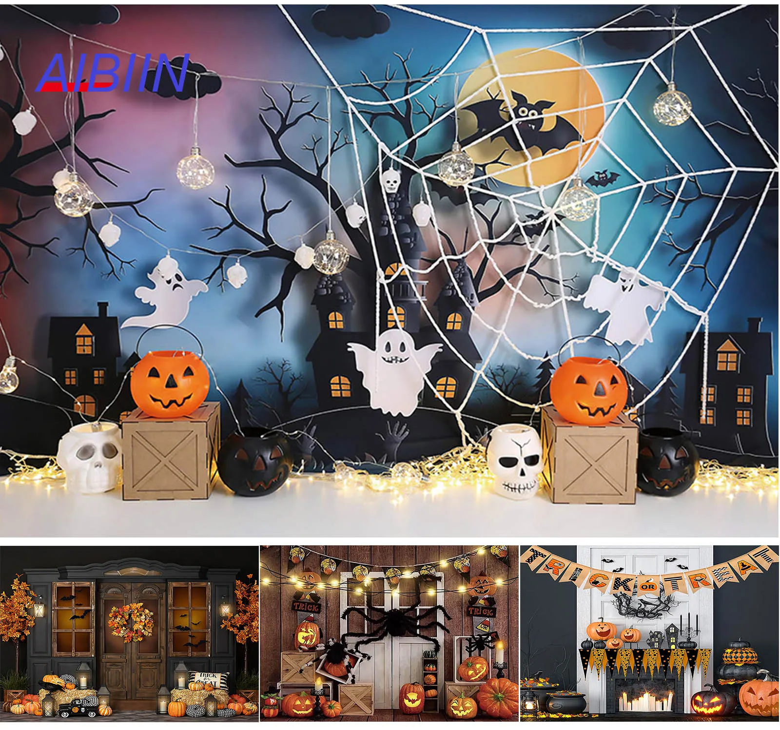 

AIBIIN Halloween Photography Backdrop Spider Web Pumpkin Lantern Scary Night Ghost Background Baby Shower Party Decor Photozone