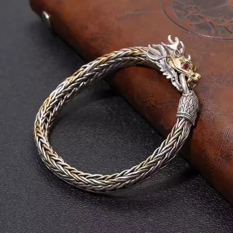 OUYADI 925 Sterling Silver Hand Woven Dragon Head Bracelet For Men Retro Thai Silver Ethnic Punk Male Jewelry Gift For Boyfriend