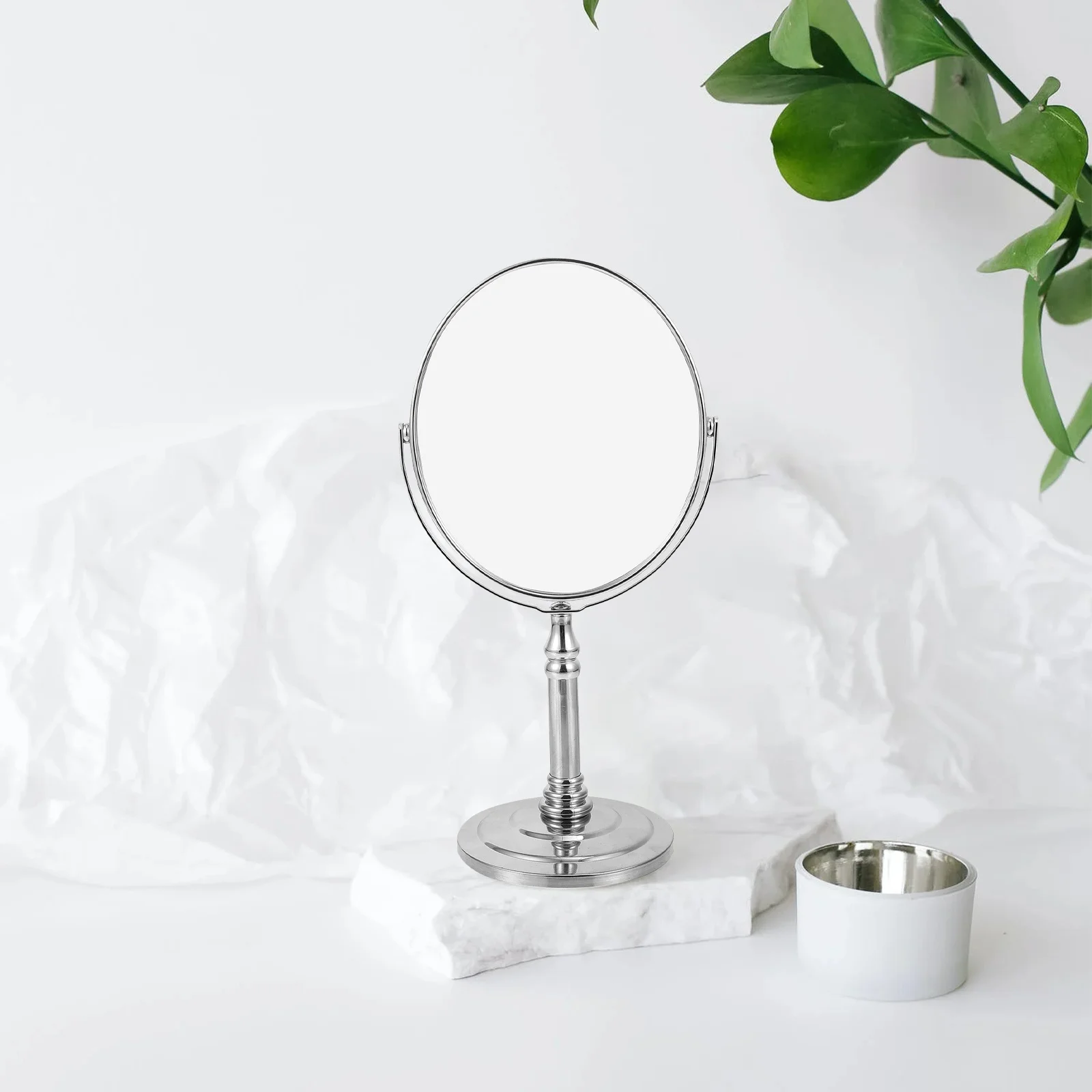 กระจกแต่งหน้าตั้งโต๊ะ 1 ชิ้น กระจกสองด้านแบบหมุนได้ ทำจากโลหะ ให้พื้นผิวเรียบเนียน สะท้อนภาพคมชัด