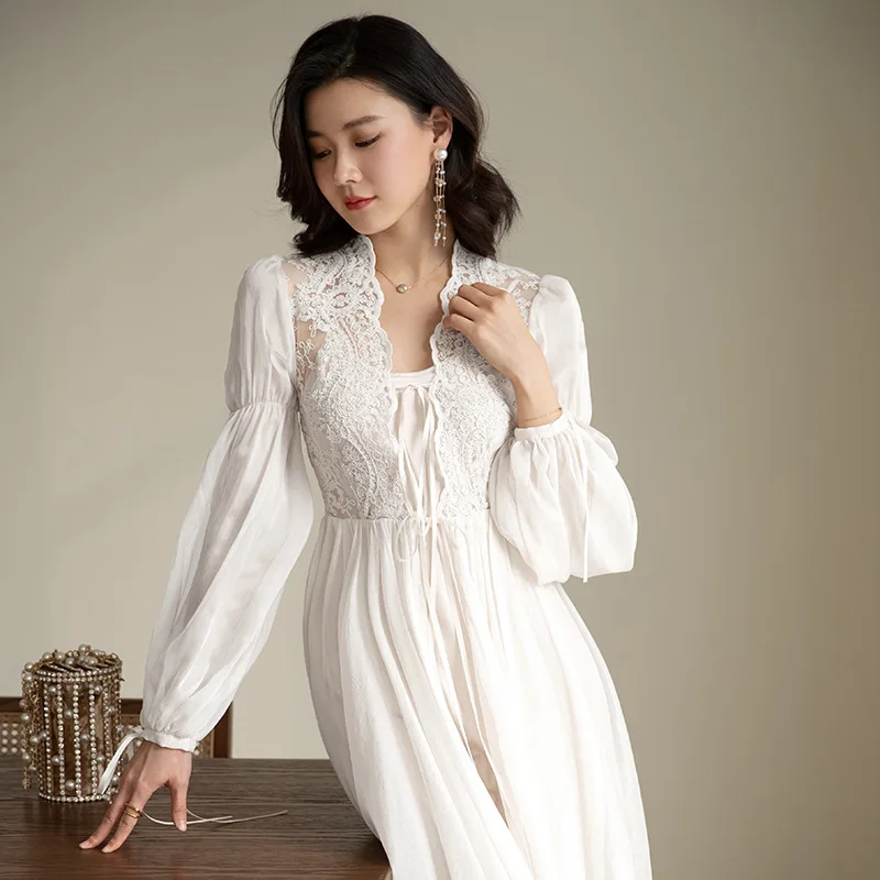 Sexy Mesh Perspective Kimono Robe Gown Elegant Lace Nightgown Bride Wedding Bathrobe Set Retro French Palace Style Sleepwear