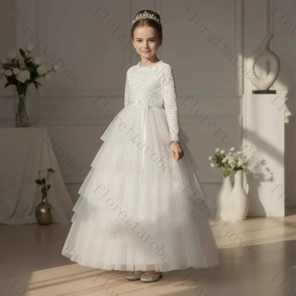 Customized White Tulle Flower Girl Dress Round Neck Full Sleeve A Line Princess for Children  Performance Gown Formal Party
