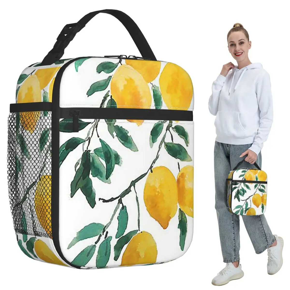 Hand Painted Yellow Lemon Watercol Insulated Lunch Bag for Kids School Cooler Thermal Food Box Tote Lunch Boxes Container