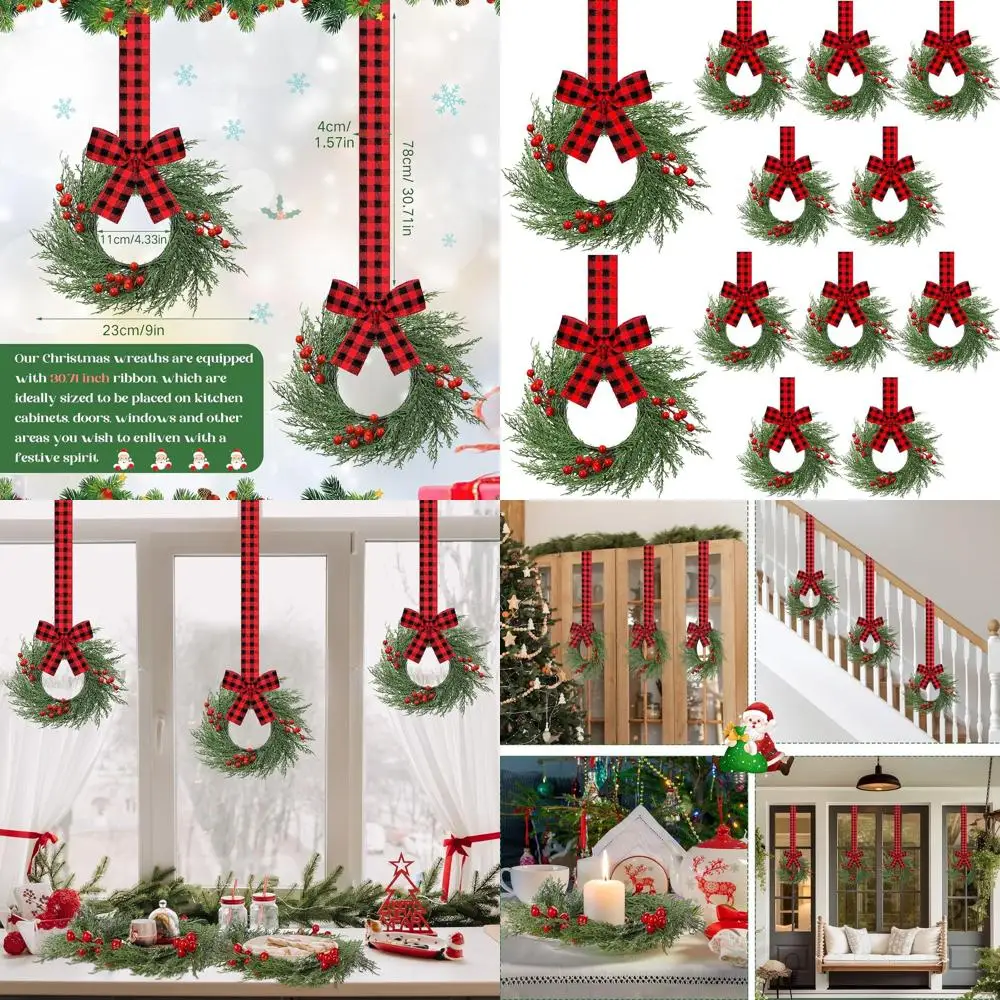 Grinaldas de natal de vegetação artificial, 12 pacotes, grinaldas pequenas de armário de cozinha com fita de laço xadrez, xadrez de búfalo vermelho preto, fo