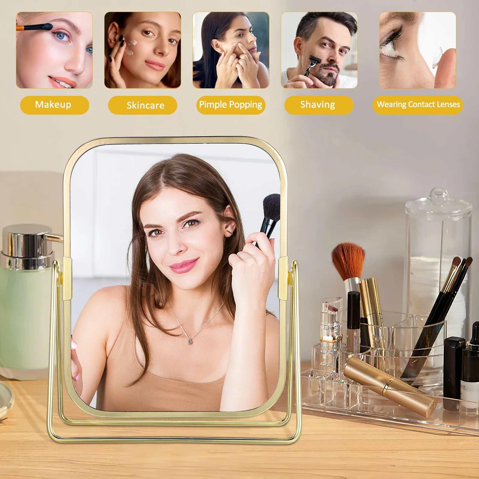 Double Sided Mirror Metal Stand 360 Degree Swivel Desktop Mirror for Bathroom Countertop Dressing Table Bedroom