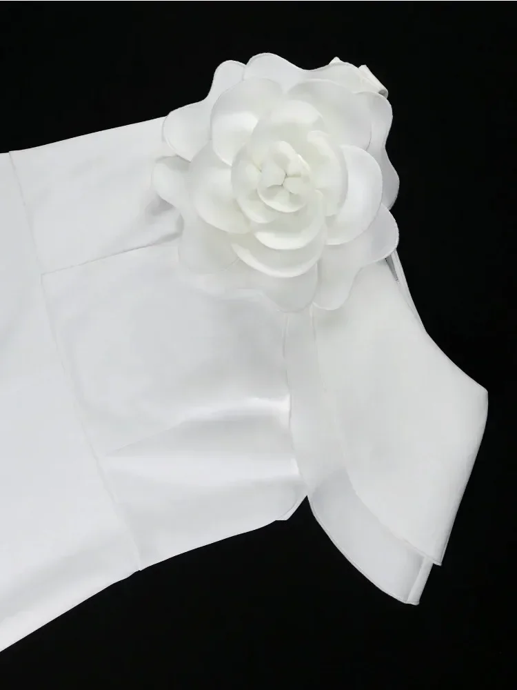 White Minimalist 3D Flower Design Slim Wedding Evening Dress Summer New Elegant Round Neck Short Sleeved Retro Wedding Dresses