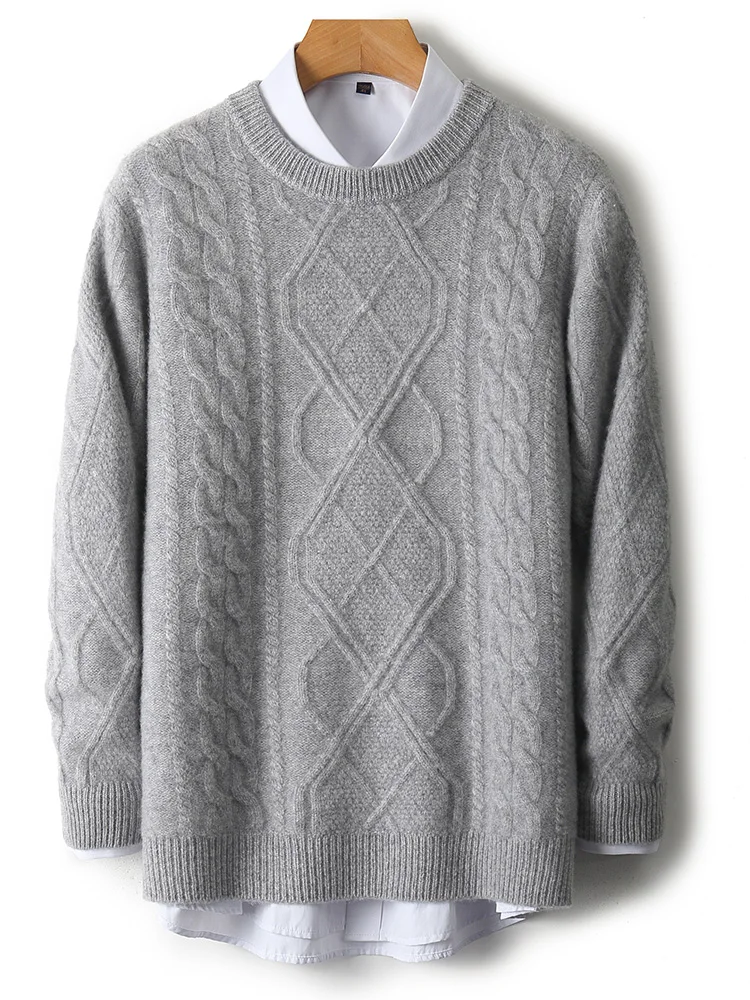 

Men‘s Autumn Winter Casual Loose Thick O-Neck Pullover 100% Merino Wool Knitted Sweater Cable Stitch Soft Warm Clothing Tops