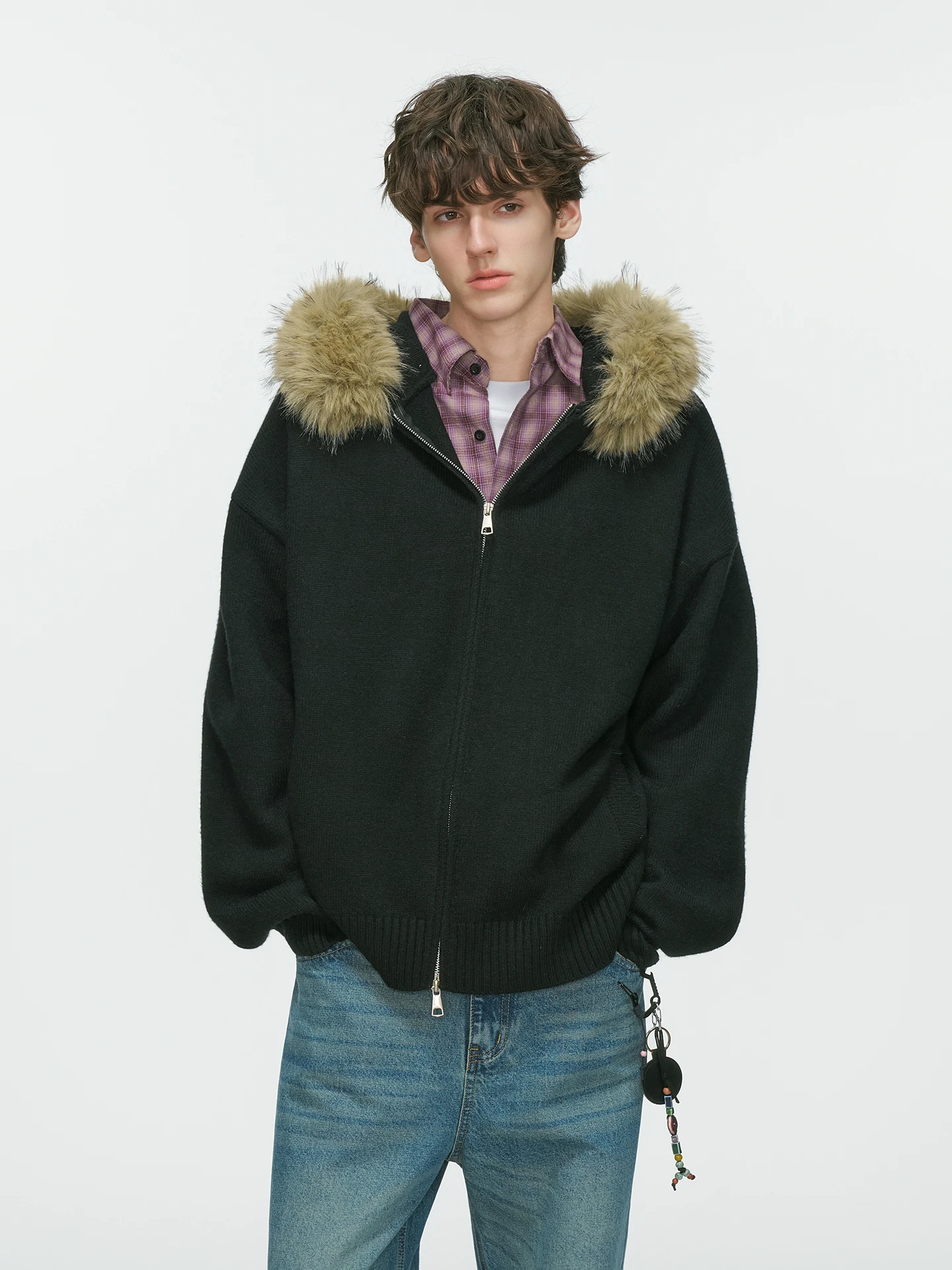 Men Women 2025 Autumn Winter New Couple Knitted Tops American Style Detachable Faux Fur Collar Hooded Cardigan Sweaters Jackets