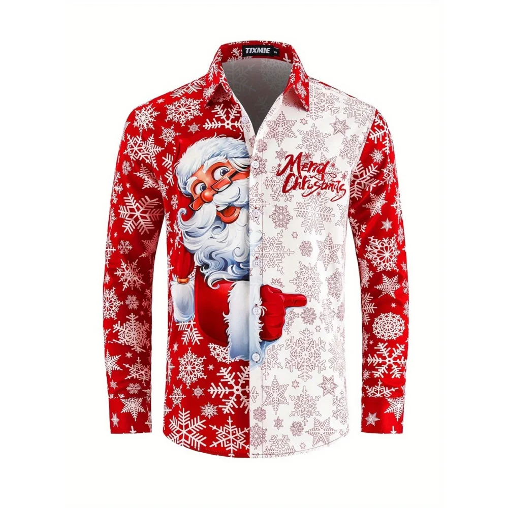 Christmas Santa Elk 3D Print Claus Graphic Beach Shirts Men's Long Sleeve Lapel Oversized Shirt Summer Button Vacation Shirts