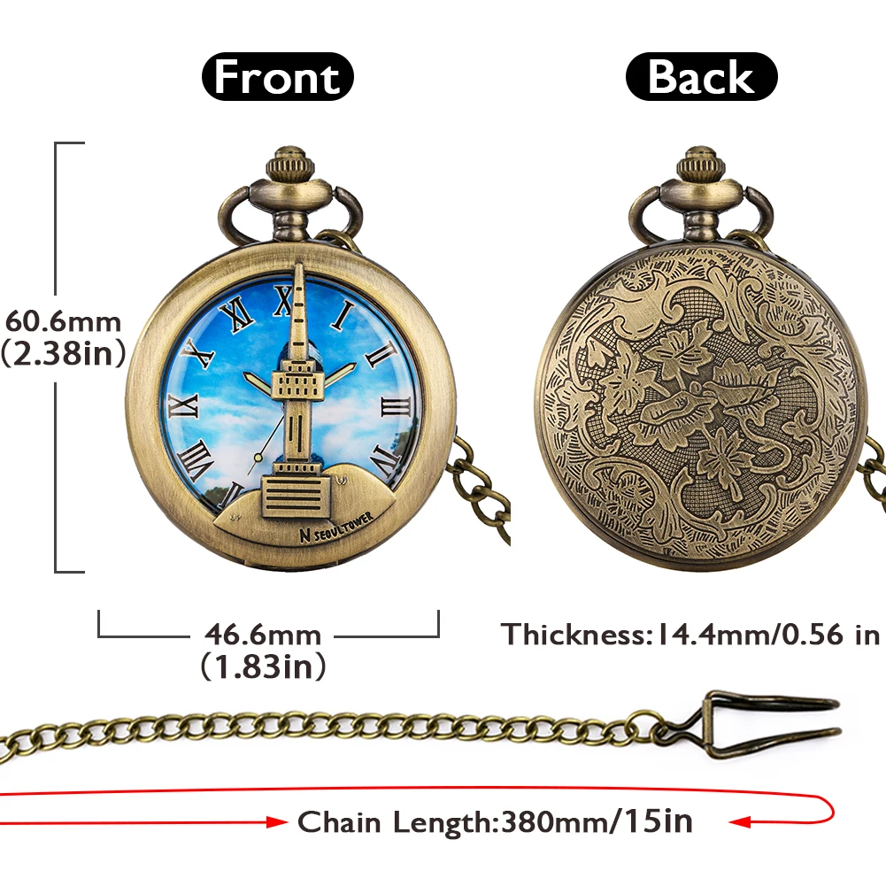 Hollow Bronze N Seoul Tower Quartz Pocket Watch Antique Stylish Gifts Men Women Roman Numerals Blue Dial Pocket & Fob Watches