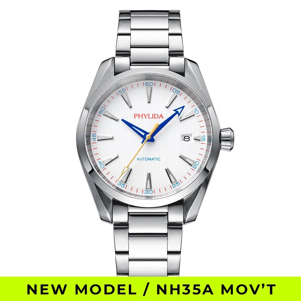 PHYLIDA 100m Men Automatic Watch Fashion Mechanical Wristwatch NH35A Stainless Steel WristWatch White AQUA Golf Edition