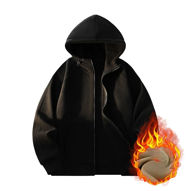 Men's Autumn Winter New Collection with Plush Warm Hooded Sweatshirt Fashionable Comfortable Versatile Hooded Cardigan Jacket