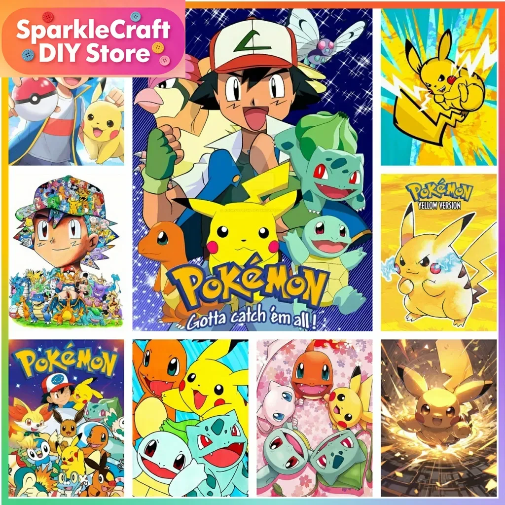 1 pieza de pintura de diamante colorida sin marco de Pokémon Pikachu, manualidades de creación de elementos, punto de cruz, arte DIY 5D, mosaico, bordado para habitación D