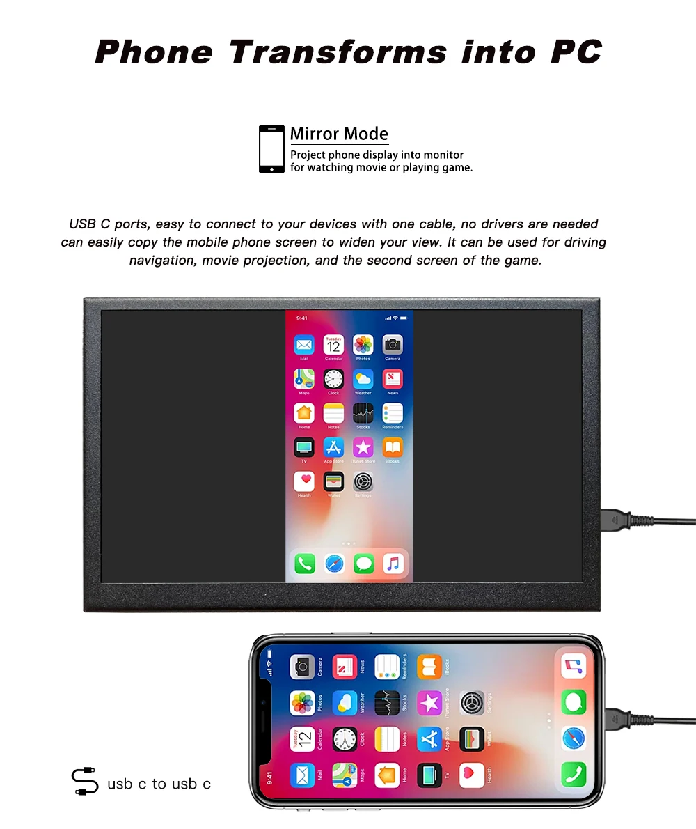 Imagem -06 - Lesown-monitor Portátil Ips Touch Screen Pequeno hd Usb-c 1024x600 Hdmi Wide Monitor Externo para Smartphone pc Laptop