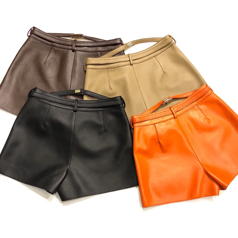 New 2022 Genuine Sheepskin Leather Orange Shorts Women Casual Genuine Leather Shorts Versatile