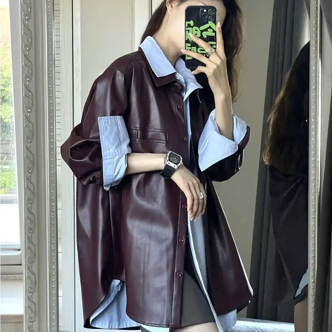 

Korea two-piece set long-sleeved leather jacket solid color versatile shirt spring autumn hot sale fashion loose commuter top