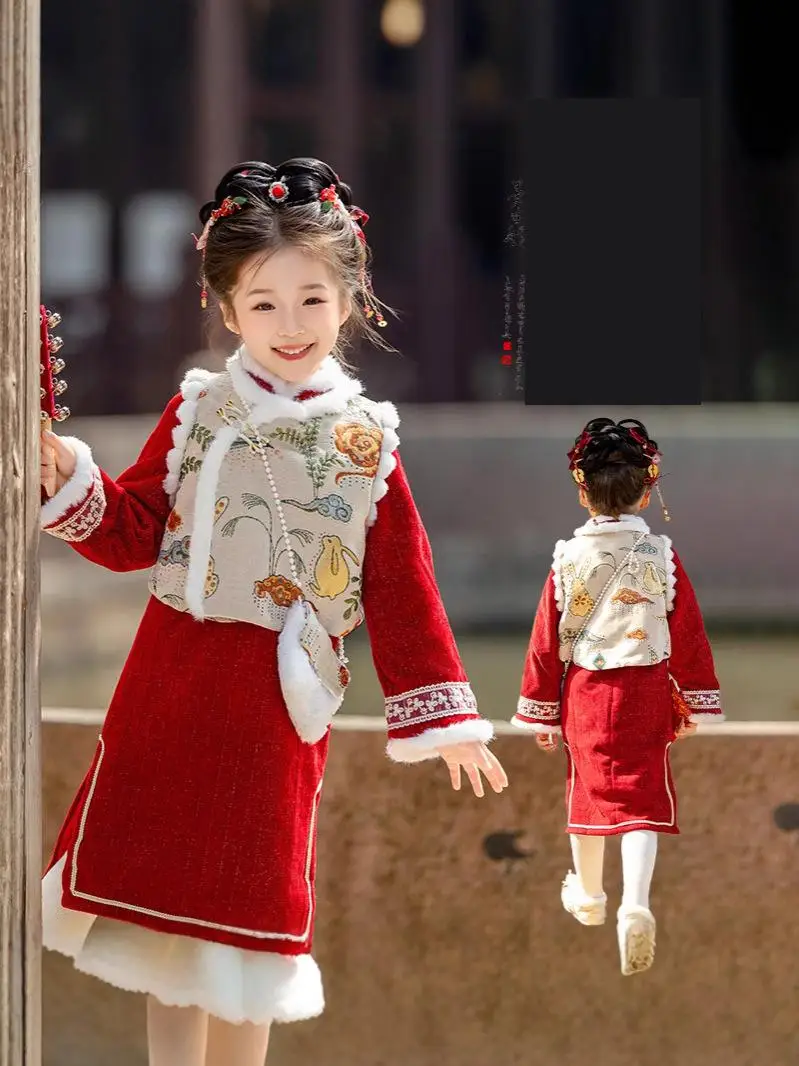 Roupas tradicionais chinesas de ano novo para meninas, hanfu, outono e inverno, cheongsam de bebê, pequenos trajes festivos vermelhos adicionam veludo