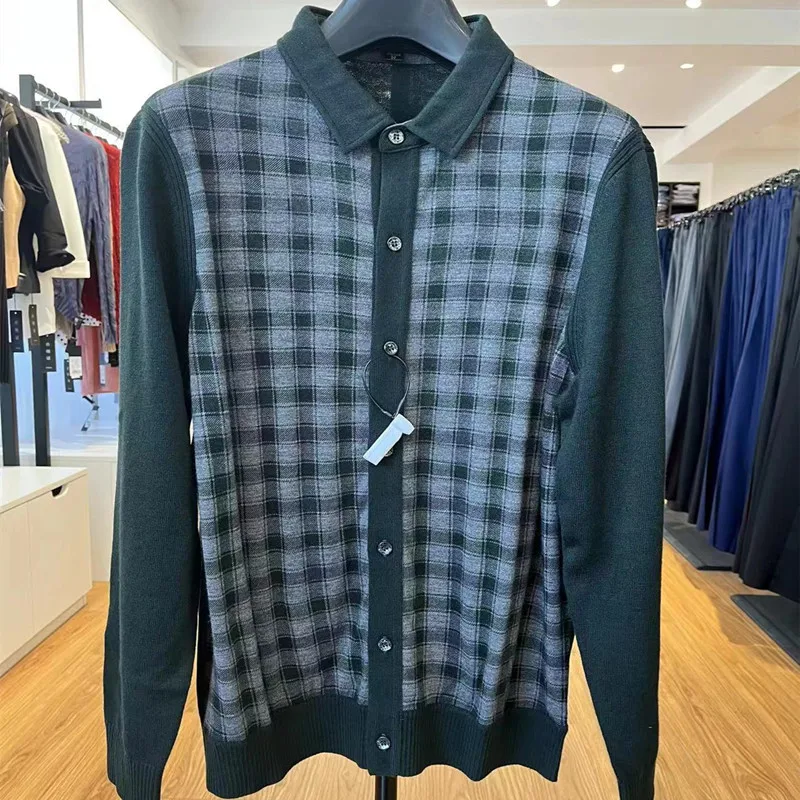 

Мужской вязаный кардиган в деловом стиле с клетчатым воротником, зеленый, шерстяной, с длинными рукавами, модный, универсальный, осенне-зимний, новинка