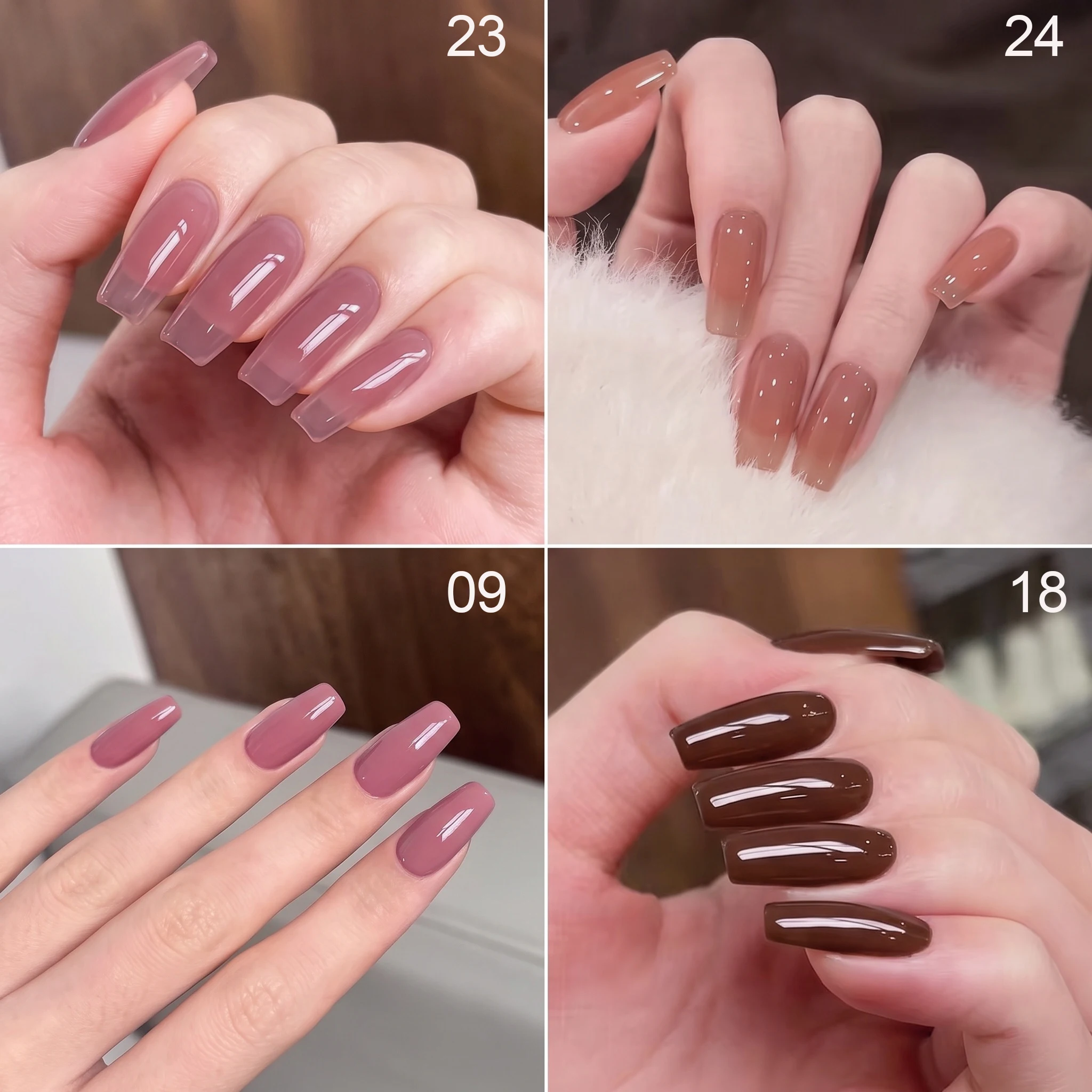 Hassleless 4Pcs Gentle Bean Paste Warm Coffee Nail Polish Gel Set, Solid Colors + Jelly Translucent Colors Combination, Warm Brown Tones, Autumn and Winter Atmosphere Nail Art Set, Shiny and Glossy, Salon and Home DIY