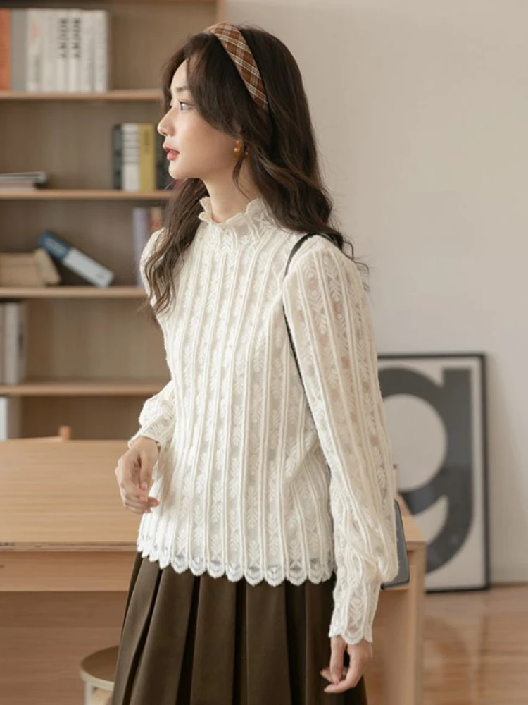 Renda manga longa camisetas femininas casual elegante sólido meia gola alta minimalista topos outono ropa mujer roupas senhoras elegantes