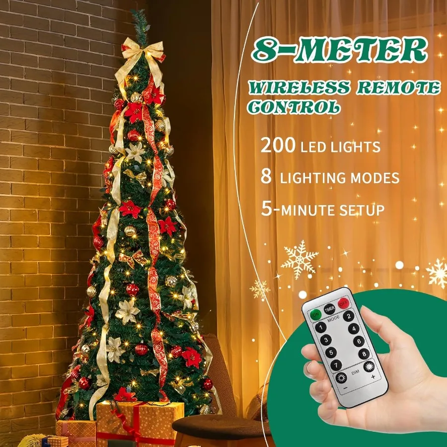 Árvore de Natal pop-up de 7 pés com luzes Árvore de Natal dobrável pré-iluminada com 200 luzes brancas quentes e 8 modos de suspensão Decorat