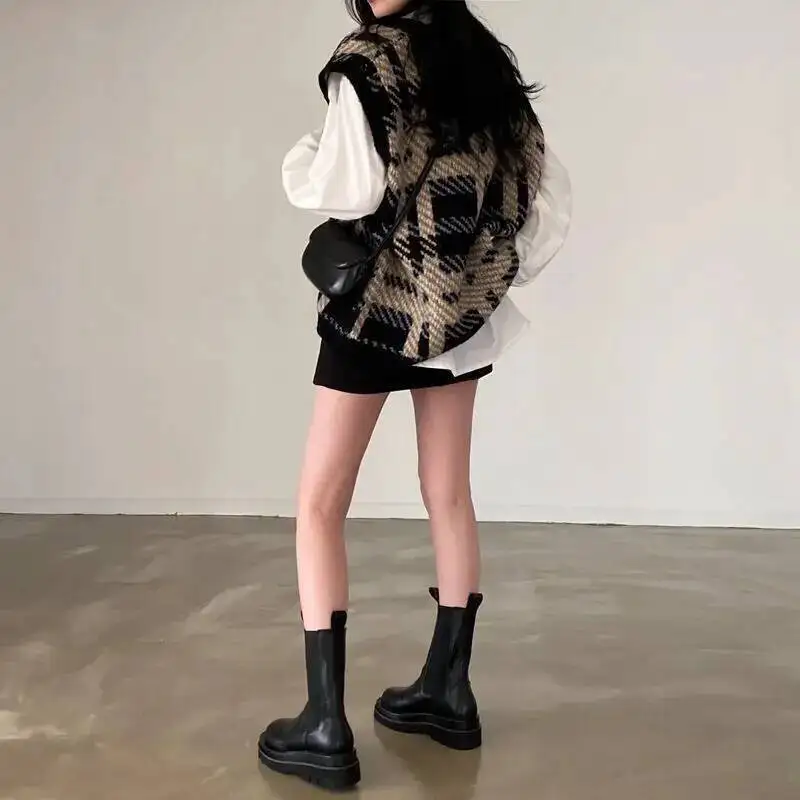 منقوشة الطالبات ارتداء الشتاء الكورية فضفاضة الرجعية الخامس الرقبة أكمام بلوفر مغزول سترة سترة أعلى #5