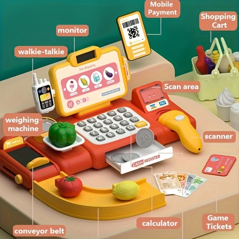 Simulation Supermarket Cash Register Toy Set for Kids Play House Educational Grocery Store Role Play Kit with Scanner