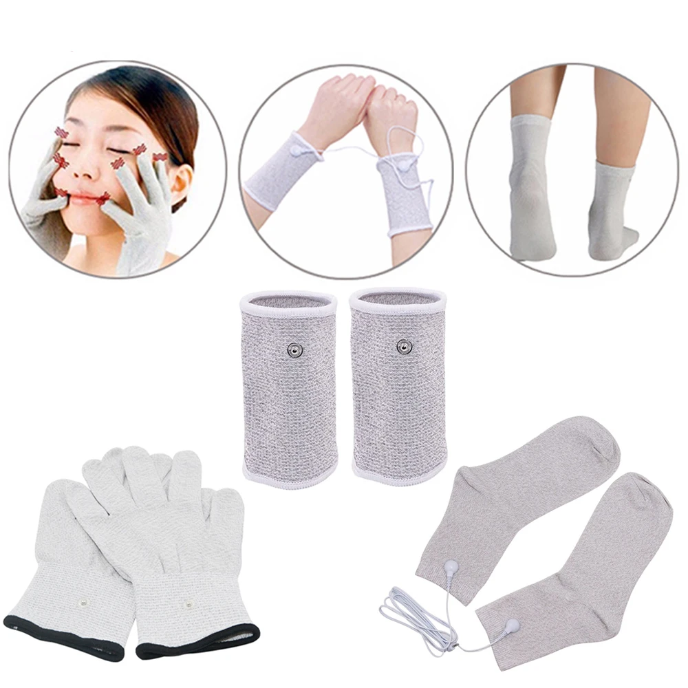 1 Set Conductive Silver Fiber TENS / EMS Electrode Treatment Gloves + Socks + Wrist Pads + Cable for Meridian Acupressure Device