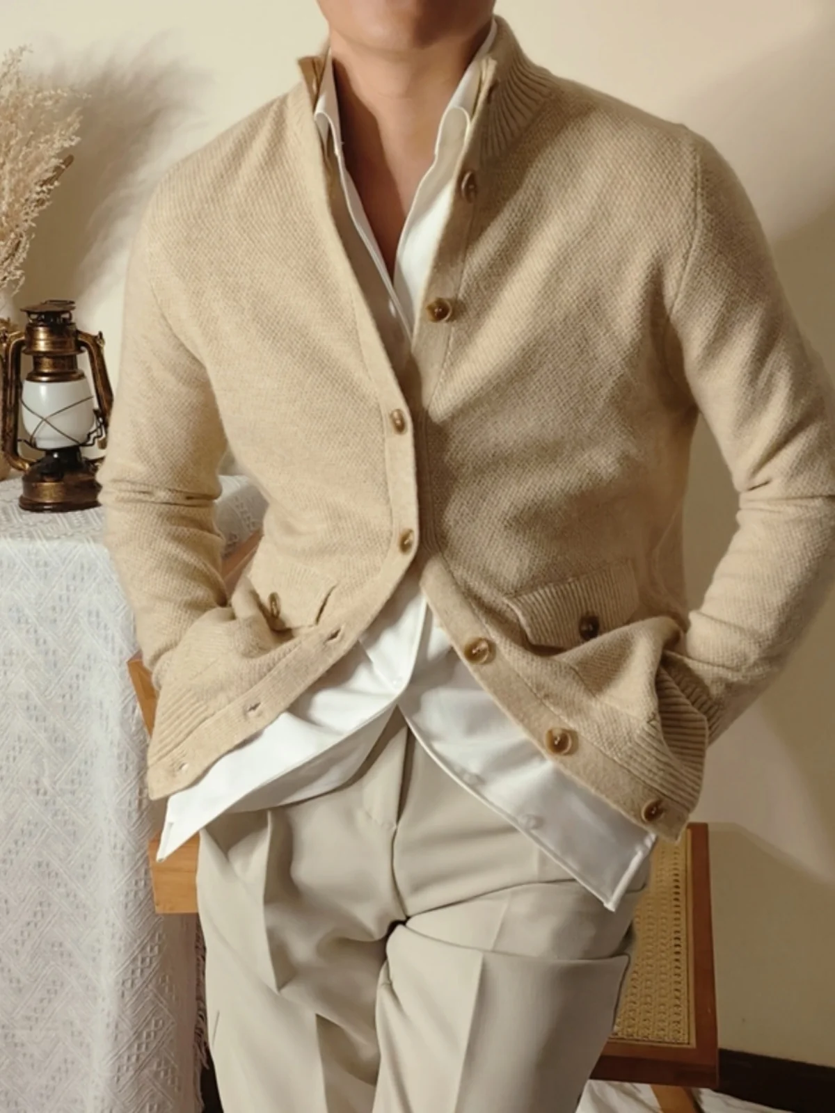 

Autumn and winter men's semi-turtleneck stand-up collar warm and slim button casual cardigan jacket