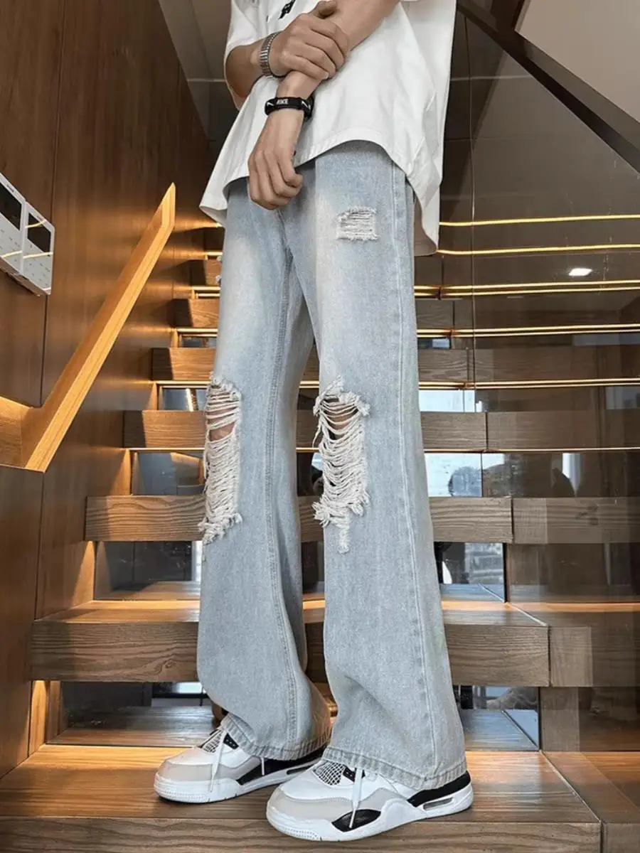 

Waed Vintage Light Blue Men's Jeans High Street Sle Loose Straight Leg Micro Flared Pants Casual Summer Jeans