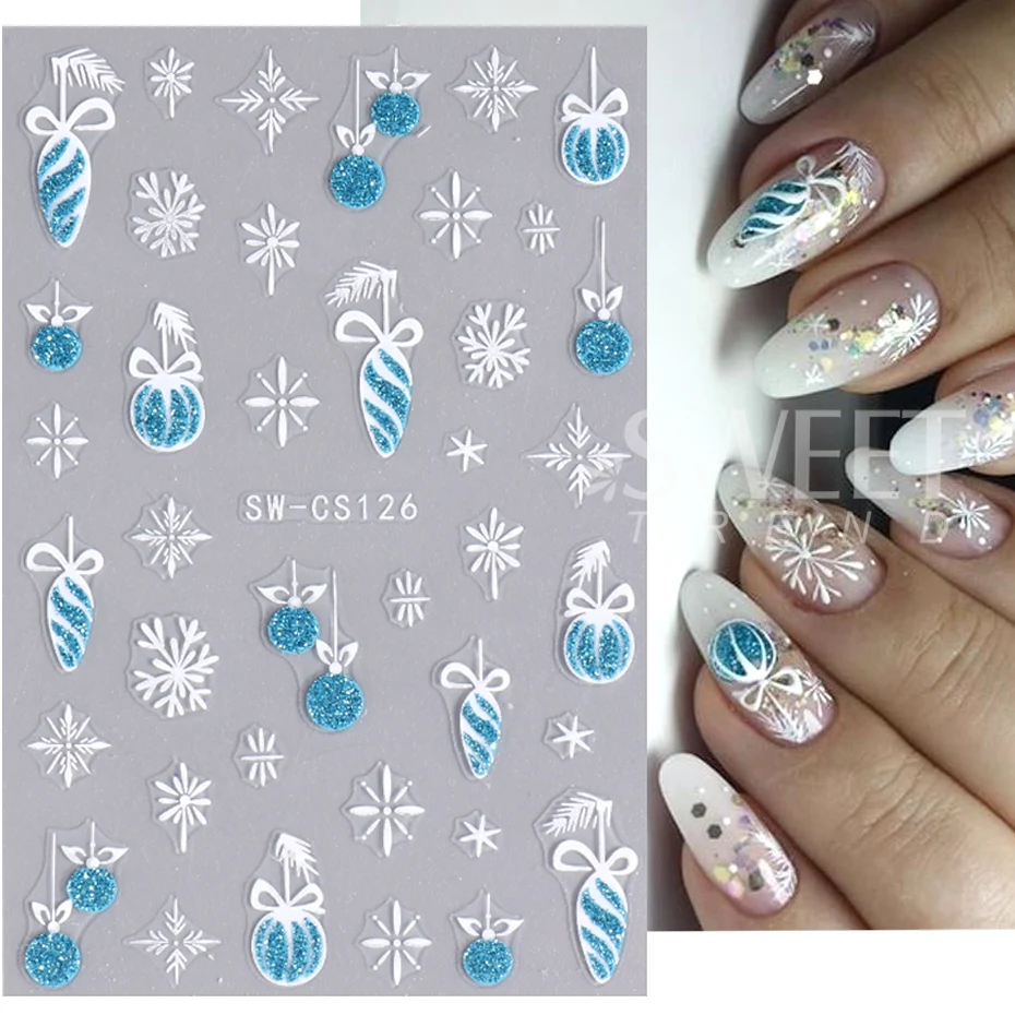 3D Blue Gold Glitter Christmas Nail Art Sticker Snowflake Star Bow Bell Wine Glass Gift Winter Xmas New Year French Manicure Tip