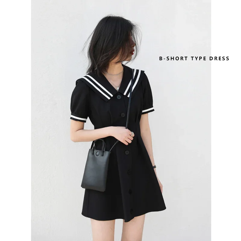 CHIC VEN Korean Women\'s Dresses Black Short Sleeve Navy Collar Dress for Women Office Lady Female Party College Summer 2022